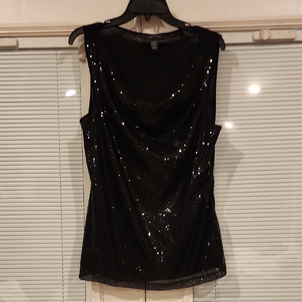 Cable & Gauge Black Sequin Cowl Neck Sleeveless Top